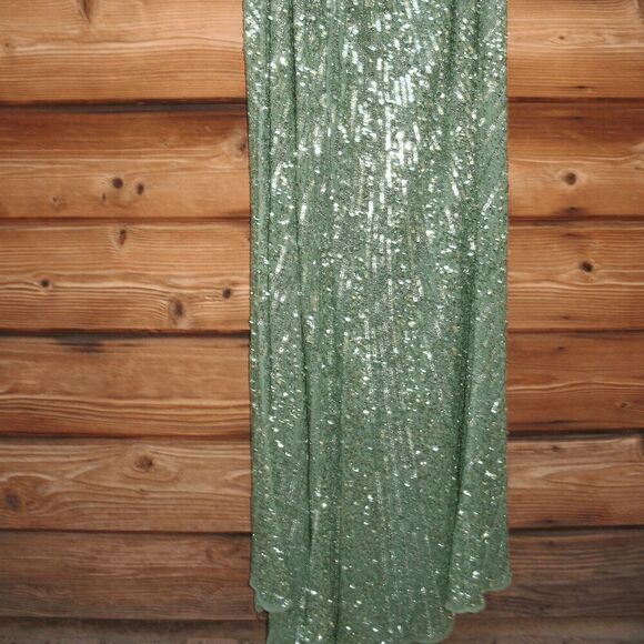 NWT Mac Duggal SEQUINED ONE SHOULDER DRAPED LACE UP GOWN 5687 Green Size 14 - Picture 12 of 16